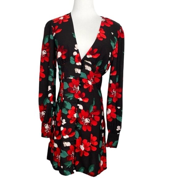 NWT U0 MICHELLE BLACK RED FLORAL LONG SLEEVE V-NECK BUTTON FRONT MINI DRESS - Picture 2 of 12